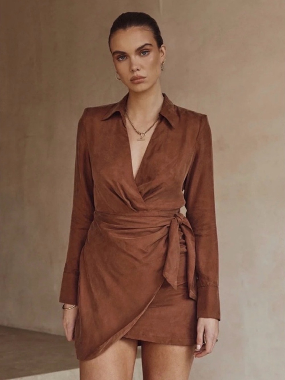 Dissh Sasha Wrap Mini Dress Tan Cupro Viscose Long Sleeve Nwt Size 4 — image 4 of 8